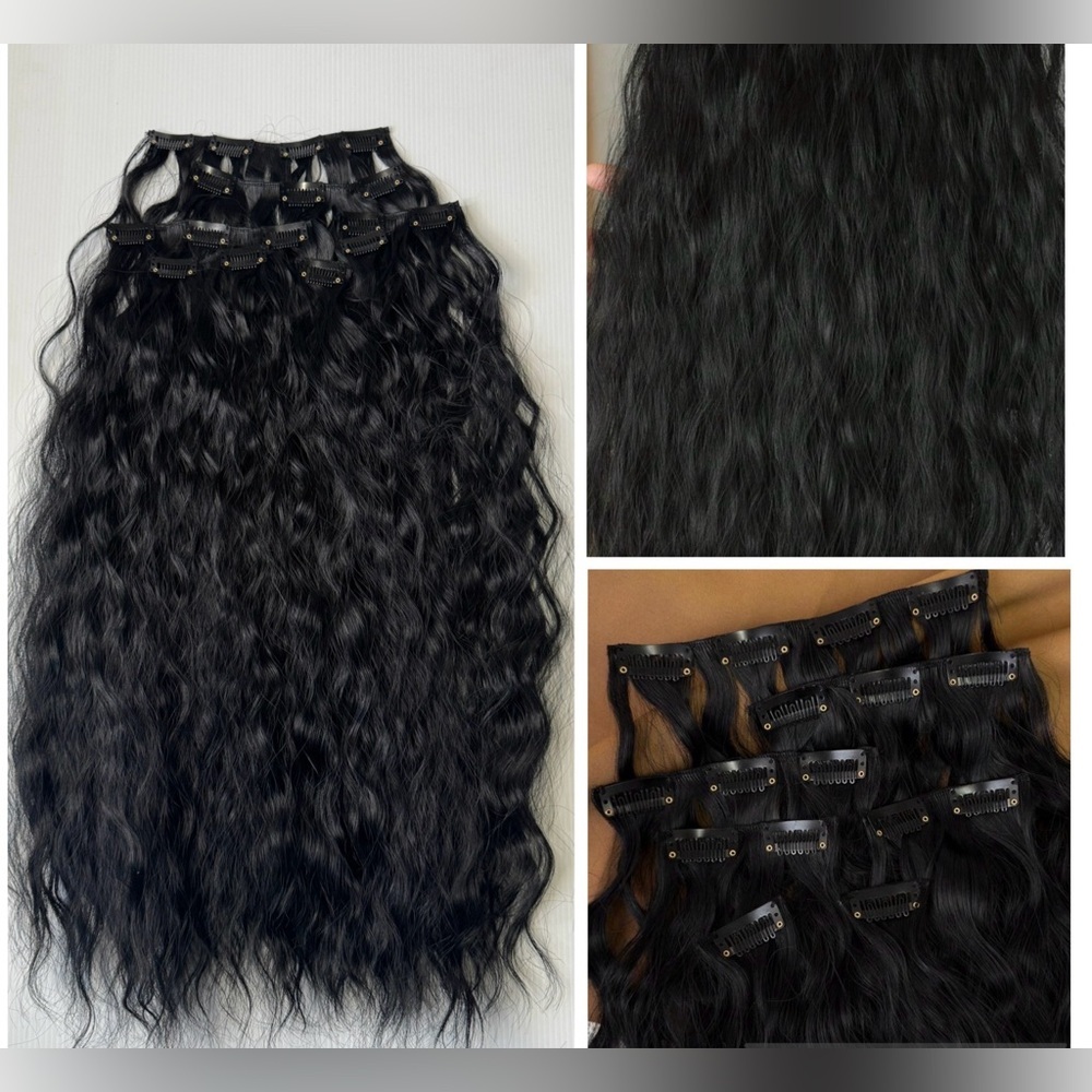 22” Black Curly  Clip-In Hair Extensions Human Hair Blend Full Set with Clips